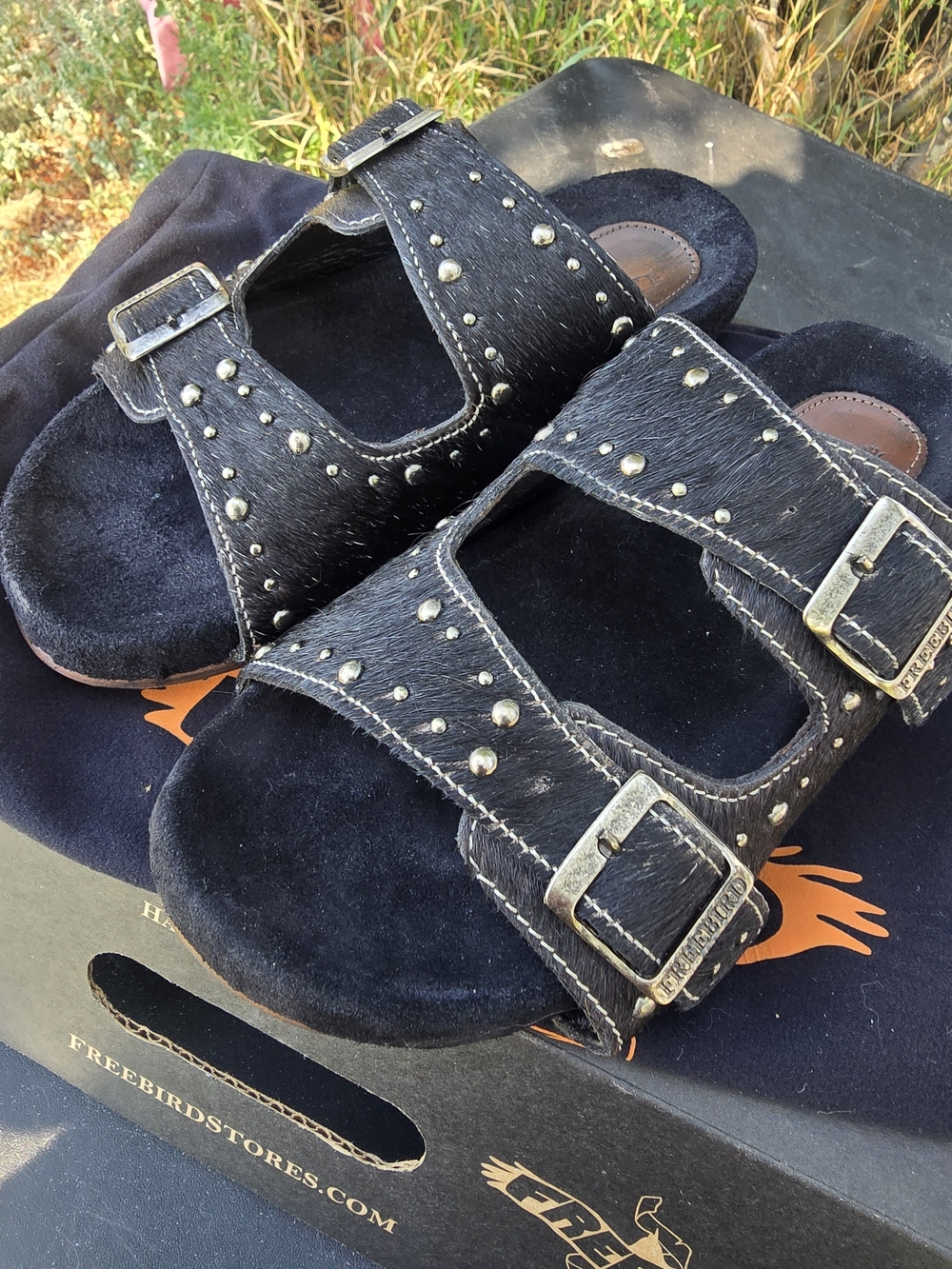 freebird Black Studded Double-Buckle Slide Sandals
